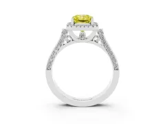 Fancy Yellow Radiant Cut Diamond Halo Ring Set in Platinum with Pavé-Lined Split Shank Band