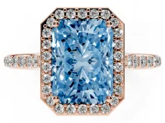 Fancy Blue Radiant Cut Diamond Halo Engagement Ring Set in Rose gold with Round Pavé Shoulders and Heart Gallery