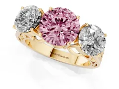 Fancy Pink Round Cut Diamond Three-Stone Ring Set in Yellow gold with Textured Band