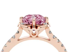 Fancy Pink Cushion Cut Diamond Solitaire Ring Set in Rose gold with Pavé Band and Floral Prong Setting