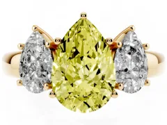 Fancy Yellow Pear Cut Diamond Three-Stone Ring Set in Yellow gold with Bold Center and Classic Band