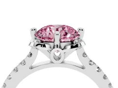 Fancy Pink Round Cut Diamond Solitaire Ring Set in Silver with Pavé Band and Floral Prong Setting