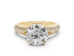 Round Cut Diamond Split Shank Pavé Engagement Ring Set in Yellow gold with Prong-Set Center Stone