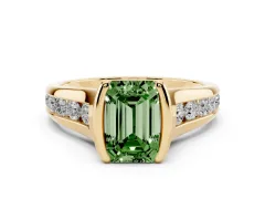Fancy Green Emerald Cut Diamond Bezel-Set Solitaire Ring Set in Yellow gold with Channel-Set Band
