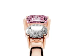 Fancy Pink Princess Cut Diamond Three-Stone Ring Set in Rose gold with Round Side Stones and Classic Band