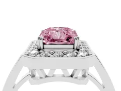 Fancy Pink Radiant Cut Diamond Halo Ring Set in White gold with Accent-Lined Split Shank and Prong Setting