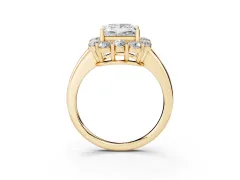 Princess Cut Diamond Milgrain Halo Solitaire Ring Set in Yellow gold with Bezel Set Side Stones and Pavé Band
