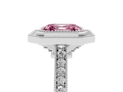 Fancy Pink Asscher Cut Diamond Halo Milgrain Pavé Band Ring Set in Platinum with Prong Setting