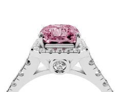 Fancy Pink Radiant Cut Diamond Halo Engagement Ring Set in Platinum with Pavé Band and Prong-Set Center