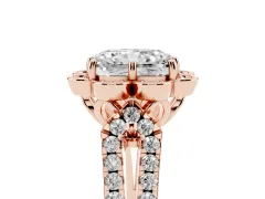 Radiant Cut Diamond Floral Halo Split Shank Engagement Ring Set in Rose gold with Pavé Shank