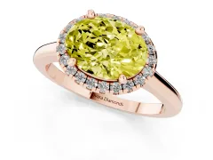 Fancy Yellow Oval Cut Diamond Halo Engagement Ring Set in Rose gold with Pavé Band and Rising Shoulders