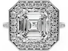 Asscher Cut Diamond Halo Ring Set in Platinum with Accent-Lined Split Shank and Prong Setting