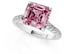 Fancy Pink Asscher Cut Diamond Solitaire Ring Set in White gold with Brilliant Pavé Band and Prong Setting