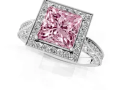 Fancy Pink Princess Cut Diamond Halo Engagement Ring Set in Silver with Accent Split Shank Band
