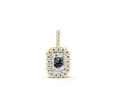 Emerald Cut Diamond Halo Pendant Set in Yellow gold with Round Halo and Prong Setting