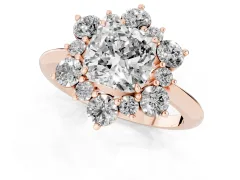 Cushion Cut Diamond Cluster Halo Ring Set in Rose gold with Solitaire Band and Prong Setting