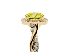 Fancy Yellow Cushion Cut Diamond Halo Twist Band Solitaire Ring Set in Yellow gold with Prong Setting