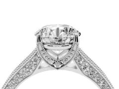Round Cut Diamond Solitaire Ring Set in Silver with Milgrain-Edged Pavé Band and Prong Setting