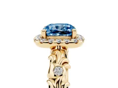Fancy Blue Cushion Cut Diamond Halo Ring Set in Yellow gold with Filigree Leaf Band and Prong Setting
