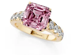 Fancy Pink Asscher Cut Diamond Solitaire Ring Set in Yellow gold with Cut-Down Micro Pavé Band and Prong Setting