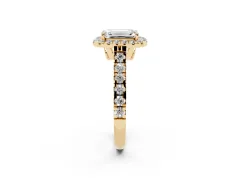 Emerald Cut Diamond Halo Engagement Ring Set in Yellow gold with Pavé Band and Prong-Set Center
