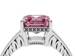 Fancy Pink Asscher Cut Diamond Solitaire Pavé Milgrain Engagement Ring Set in Silver with Prong Setting