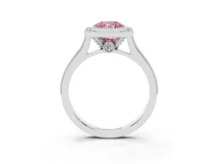 Fancy Pink Radiant Cut Diamond Halo Milgrain Pavé Band Ring Set in Platinum with Prong Setting