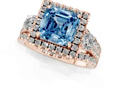 Fancy Blue Asscher Cut Diamond Halo Split Shank Ring Set in Rose gold with Round Accent Stones and Prong Setting