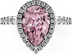 Fancy Pink Pear Cut Diamond Halo Ring Set in Platinum with Pavé Shoulders and Halo-Framed Center