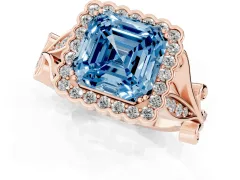 Fancy Blue Asscher Cut Diamond Halo Ring Set in Rose gold with Leaf Motif Split Shank and Prong Setting