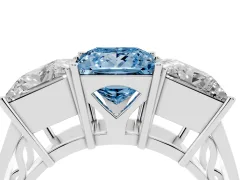 Fancy Blue Princess Cut Diamond Three-Stone Ring Set in White gold with Textured Band
