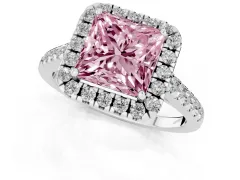 Fancy Pink Princess Cut Diamond Halo Pavé Engagement Ring Set in Platinum with Prong Setting