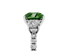 Fancy Green Cushion Cut Diamond Three-Stone Ring Set in Silver with Pavé Band and Graduated Sides
