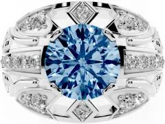 Fancy Blue Round Cut Diamond Art Deco Ring Set in Platinum with Pavé Split Shank