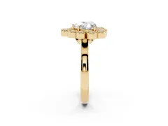 Heart Cut Diamond Cluster Halo Ring Set in Yellow gold with Milgrain Bezel Accents and Plain Band