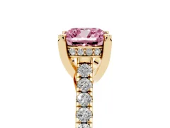 Fancy Pink Cushion Cut Diamond Solitaire Ring Set in Yellow gold with Brilliant Pavé Band and Prong Setting