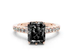 Fancy Black Radiant Cut Diamond Solitaire Engagement Ring Set in Rose gold with Pavé Band and Prong Setting