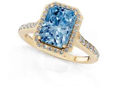 Fancy Blue Radiant Cut Diamond Halo Engagement Ring Set in Yellow gold with Round Pavé Shoulders and Heart Gallery