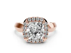 Cushion Cut Diamond Halo Solitaire Engagement Ring Set in Rose gold with Square Band and Prong Setting