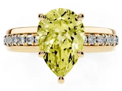 Fancy Yellow Pear Cut Diamond Solitaire Ring Set in Yellow gold with Channel Set Band and Prong Setting