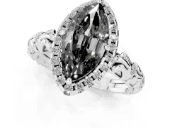 Fancy Black Marquise Cut Diamond Halo Ring Set in White gold with Filigree Leaf Band and Prong Setting