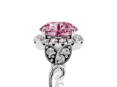 Fancy Pink Round Cut Diamond Halo Engagement Ring Set in Silver with Vintage-Inspired Band and Prong Setting