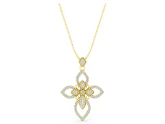 Marquise Diamond Cross Pendant Set in Yellow gold with Pavé Floral Arms