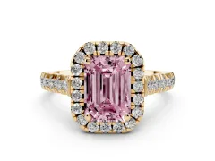 Fancy Pink Emerald Cut Diamond Halo Engagement Ring Set in Yellow gold with Pavé Band and Prong-Set Center