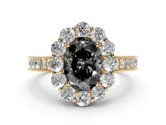 Fancy Black Oval Cut Diamond Halo Pavé Engagement Ring Set in Yellow gold with Milgrain Detailing