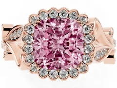 Fancy Pink Cushion Cut Diamond Halo Ring Set in Rose gold with Leaf Motif Split Shank and Prong Setting