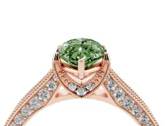 Fancy Green Marquise Cut Diamond Solitaire Ring Set in Rose gold with Milgrain-Edged Pavé Band and Prong Setting