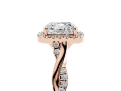 Cushion Cut Diamond Halo Twist Band Solitaire Ring Set in Rose gold with Prong Setting