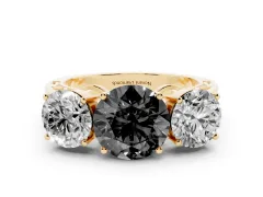 Fancy Black Round Cut Diamond Three-Stone Ring Set in Yellow gold with Textured Band