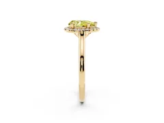 Fancy Yellow Pear Cut Diamond Halo Engagement Ring Set in Yellow gold with Pavé Band and Rising Shoulders